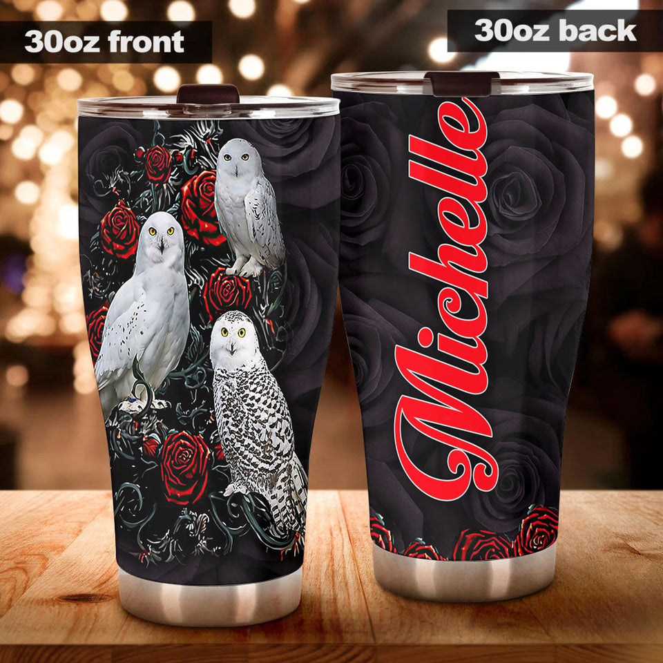 Camellia Personalized White Owls And Roses Graphics Stainless Steel Tumbler - Double-Walled Insulation Thermal Cup With Lid