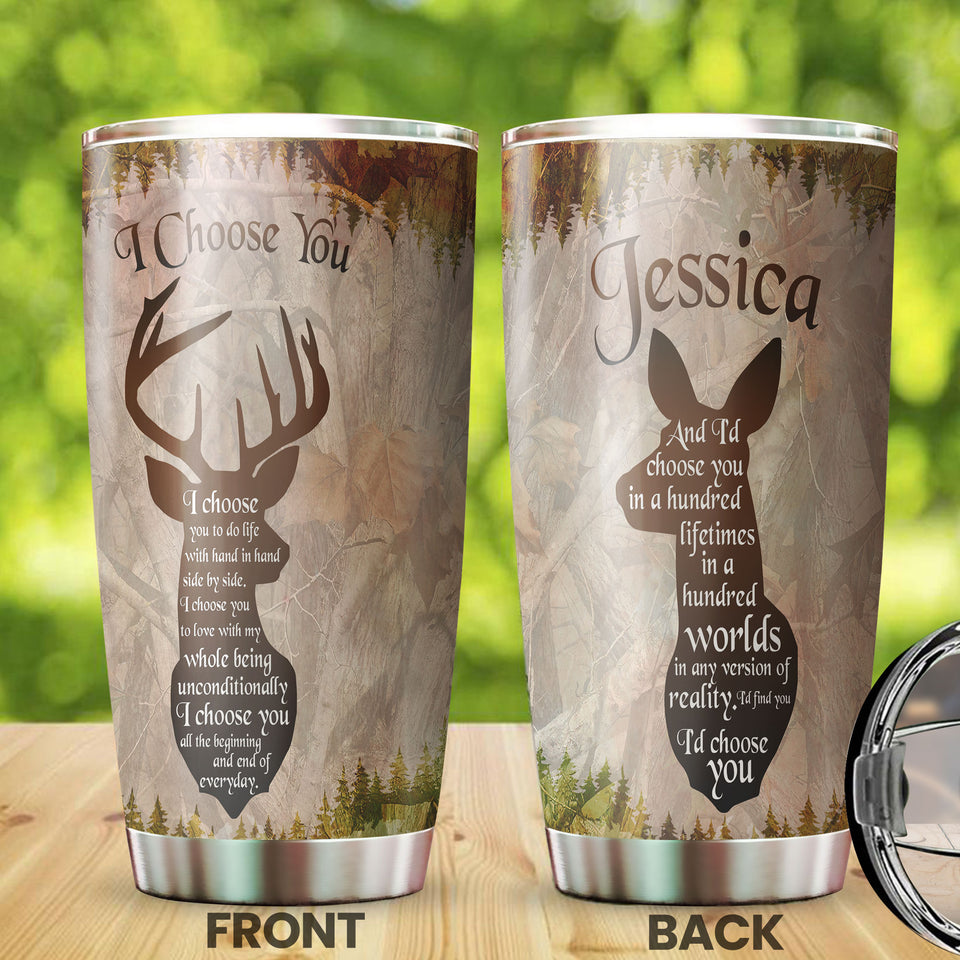 Camellia Personalized Deers Couple I Choose You Vintage Stainless Steel Tumbler - Double-Walled Insulation Travel Thermal Cup With Lid Gift For Valentines Day Couple