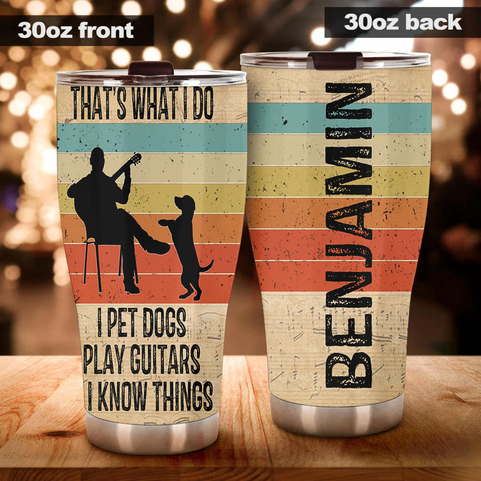 Personalized 3D Vintage Man Pets Dogs Play Guitar and Know - double-wall vacuum insulated coffee travel tumbler detail