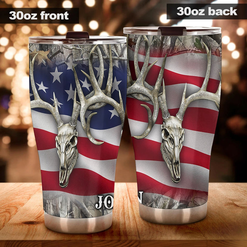 Camellia Personalized American Flag Deer Skull Hunting Stainless Steel Tumbler - Double-Walled Insulation Travel Thermal Cup With Lid Gift For 4th Of July Hunting Hunter