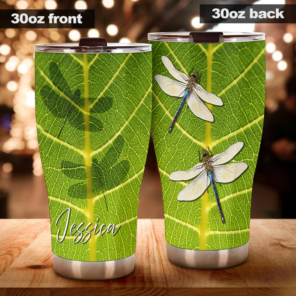 Camellia Personalized Dragonfly Animal Green Leaves Nature Stainless Steel Tumbler - Double-Walled Insulation Travel Thermal Cup With Lid Gift For Nature Dragonfly Lover