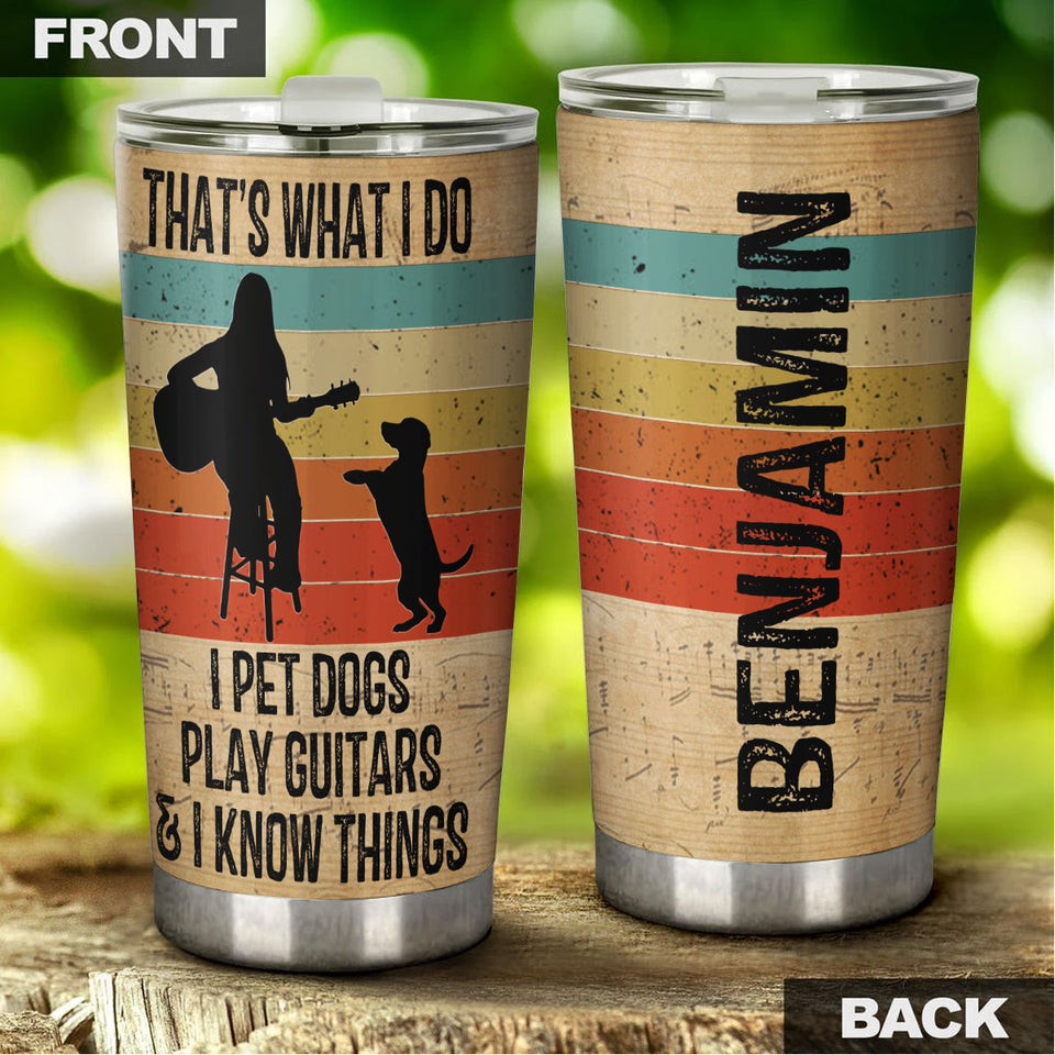 Camellia Personalized 3D Vintage Woman Pets Dogs Play Guitar And Know Things Stainless Steel Tumbler - Customized Double-Walled Insulation Therma Cup With Lid Gift For Guitarist