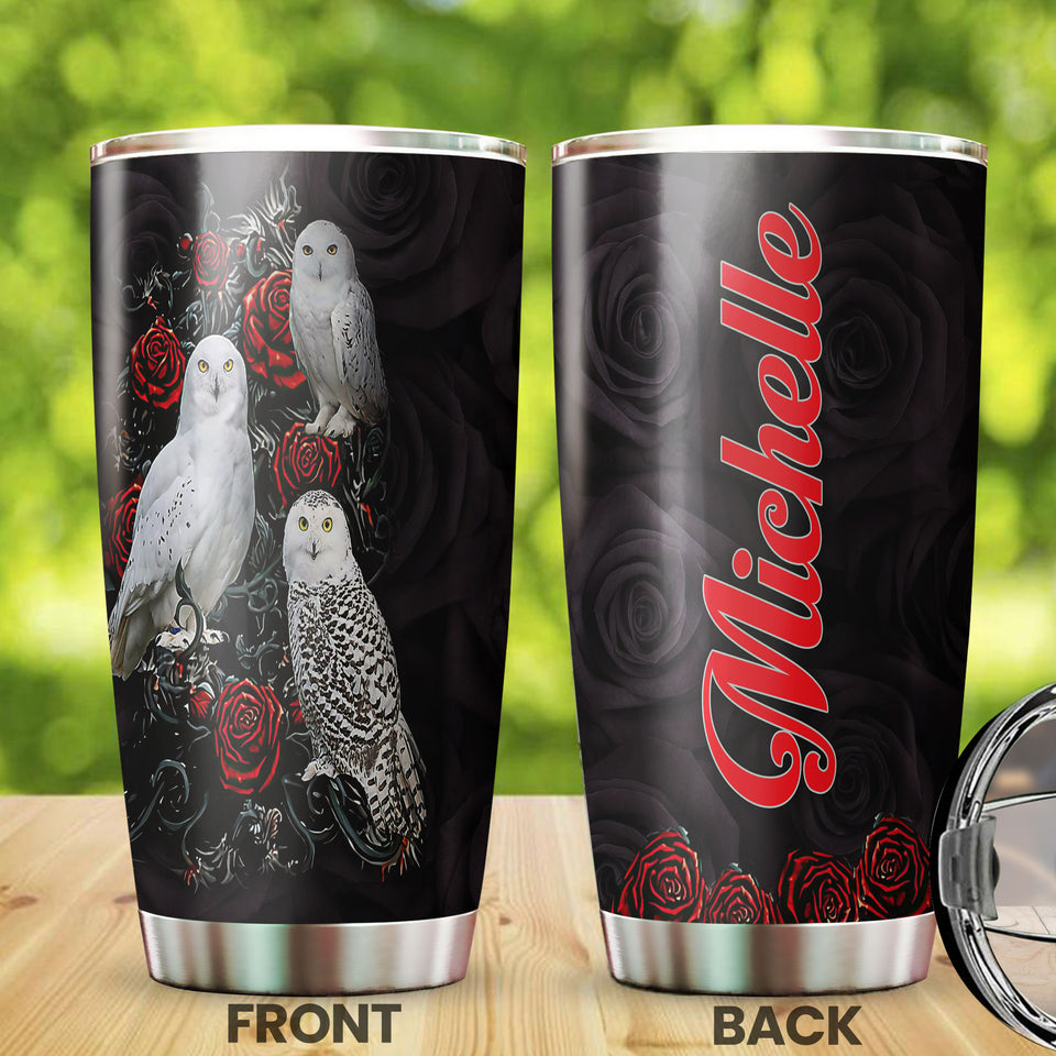 Camellia Personalized White Owls And Roses Graphics Stainless Steel Tumbler - Double-Walled Insulation Thermal Cup With Lid