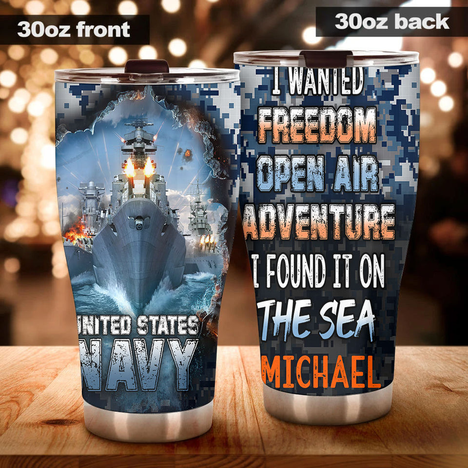 Camellia Personalized United States Navy Adventure On The Sea Stainless Steel Tumbler - Customized Double-Walled Insulation Travel Thermal Cup With Lid Gift For Soldier Veteran