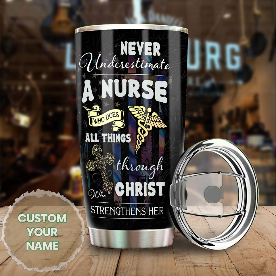 Camellia Personalized Never Underestimate A Nurse Stainless Steel Tumbler - Customized Double-Walled Insulation Thermal Cup With Lid Gift For Nurse