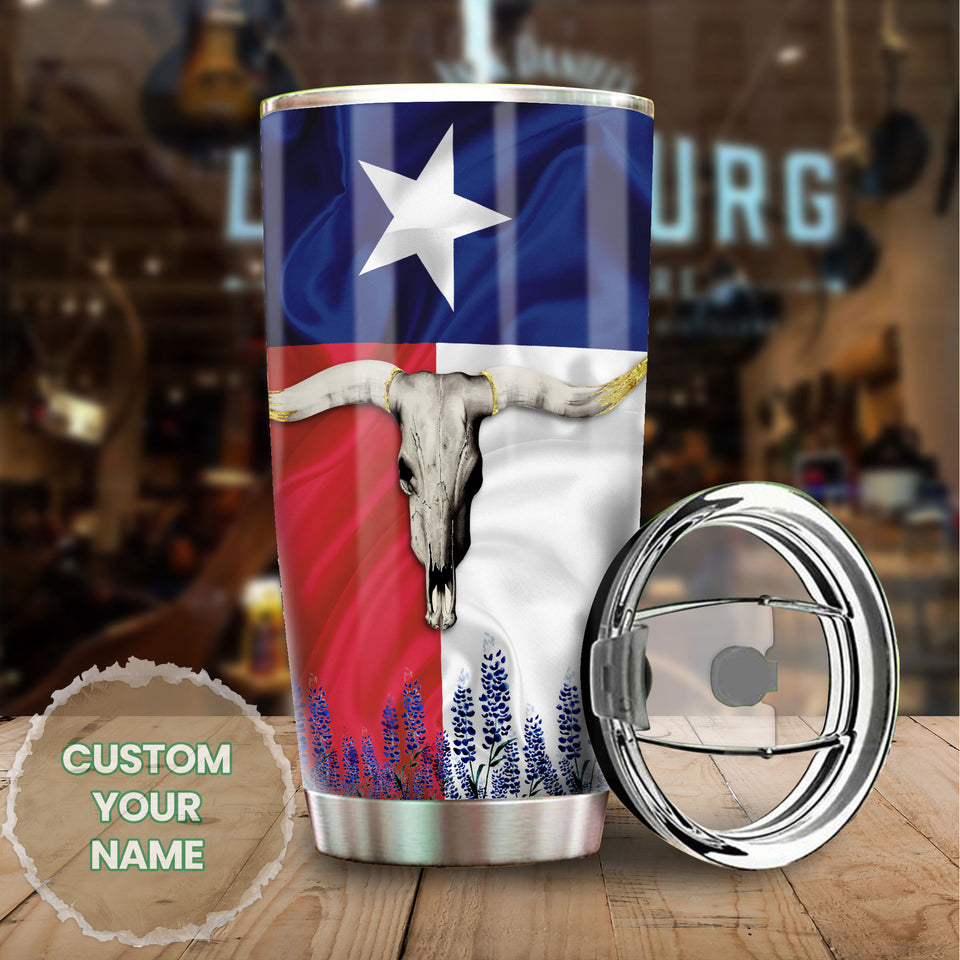 Camellia Personalized Bull Skull Texas Blend Of Valor And Swagger Stainless Steel Tumbler - Double-Walled Insulation Travel Thermal Cup With Lid Gift For Texas Cowboy American