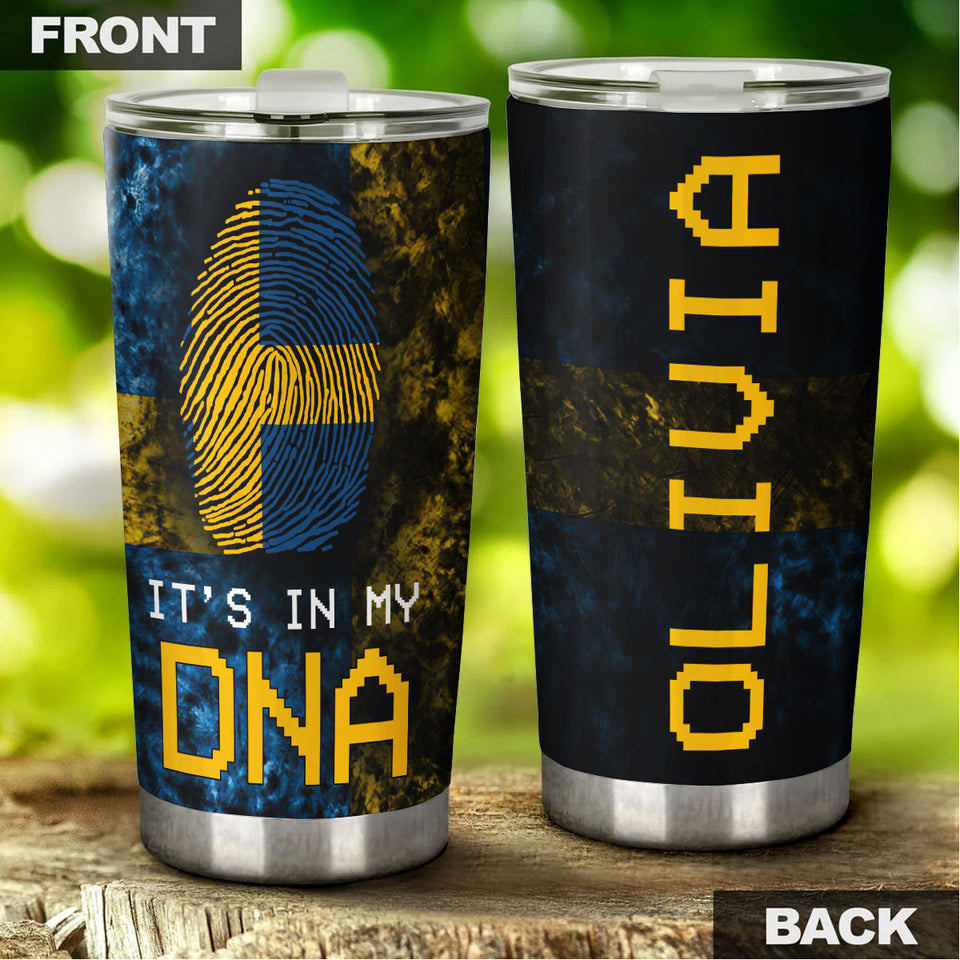 Camellia Personalized It's In My DNA Sweden Fingerprint Stainless Steel Tumbler - Double-Walled Insulation Travel Thermal Cup With Lid Gift For Viking Lover Swedish