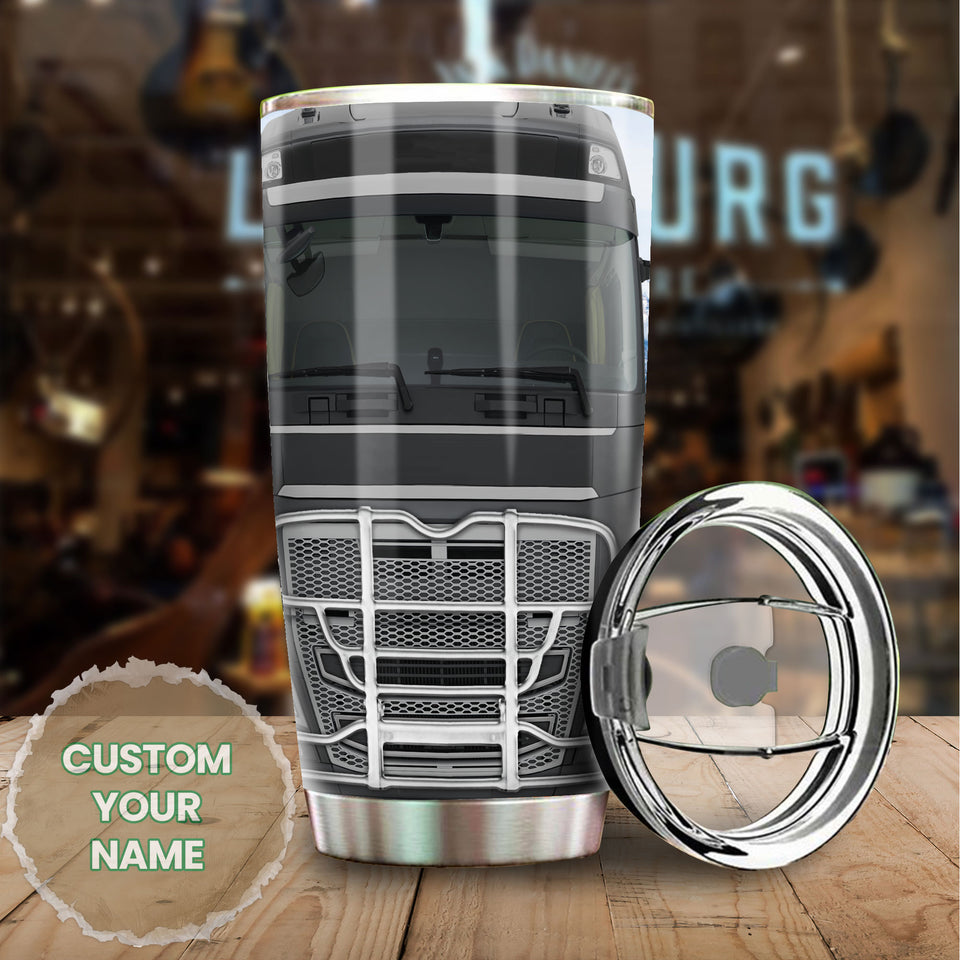 Camellia Personalized Metal Black Truck Graphics Stainless Steel Tumbler - Double-Walled Insulation Travel Thermal Cup With Lid Gift For Trucker Dad Husband Truck Lover