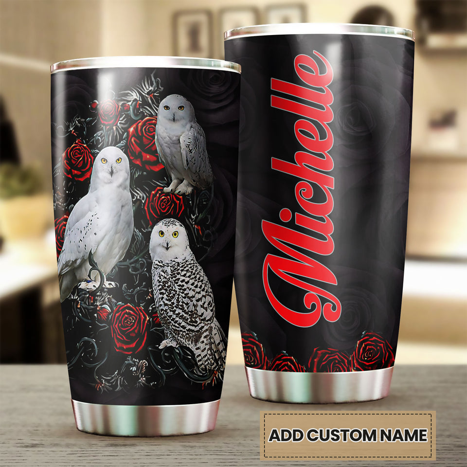 Camellia Personalized White Owls And Roses Graphics Stainless Steel Tumbler - Double-Walled Insulation Thermal Cup With Lid