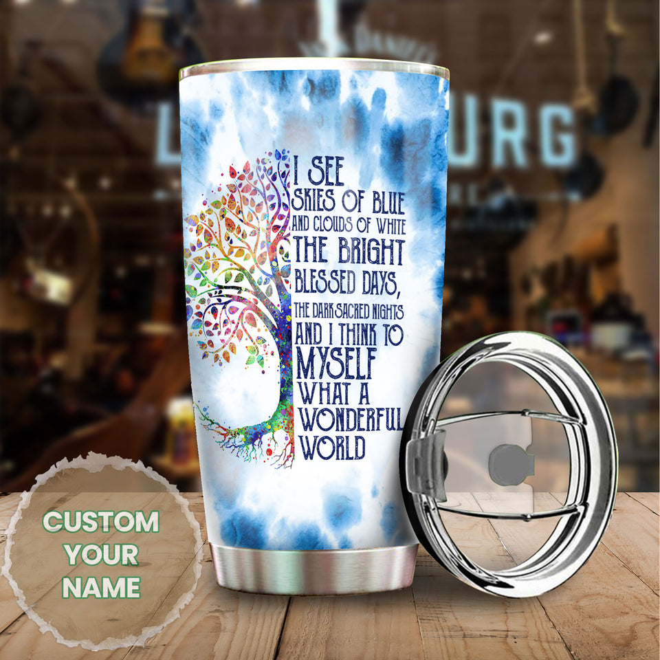 Camellia Personalized Watercolor What A Wonderful World Positive Quote Stainless Steel Tumbler - Double-Walled Insulation Thermal Cup With Lid