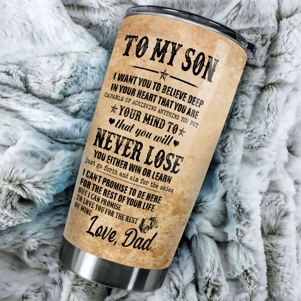 Camellia Personalized Trucker Vintage To My Son Loving Letters Stainless Steel Tumbler - Double-Walled Insulation Thermal Cup With Lid Dad Gift For Son Boys Birthday