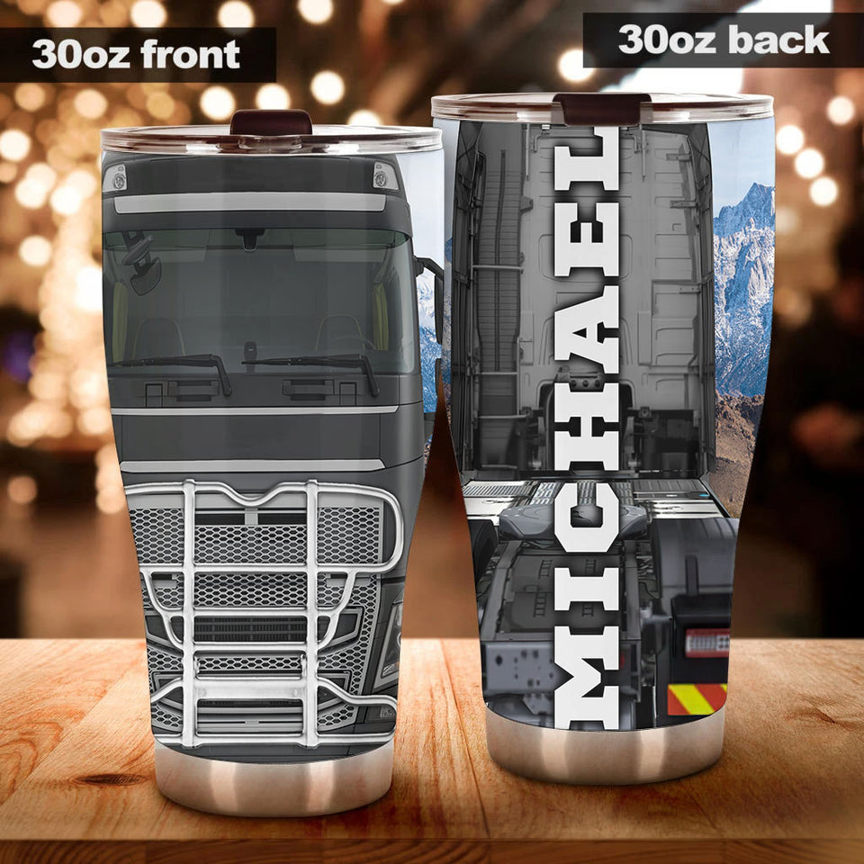 Camellia Personalized Metal Black Truck Graphics Stainless Steel Tumbler - Double-Walled Insulation Travel Thermal Cup With Lid Gift For Trucker Dad Husband Truck Lover