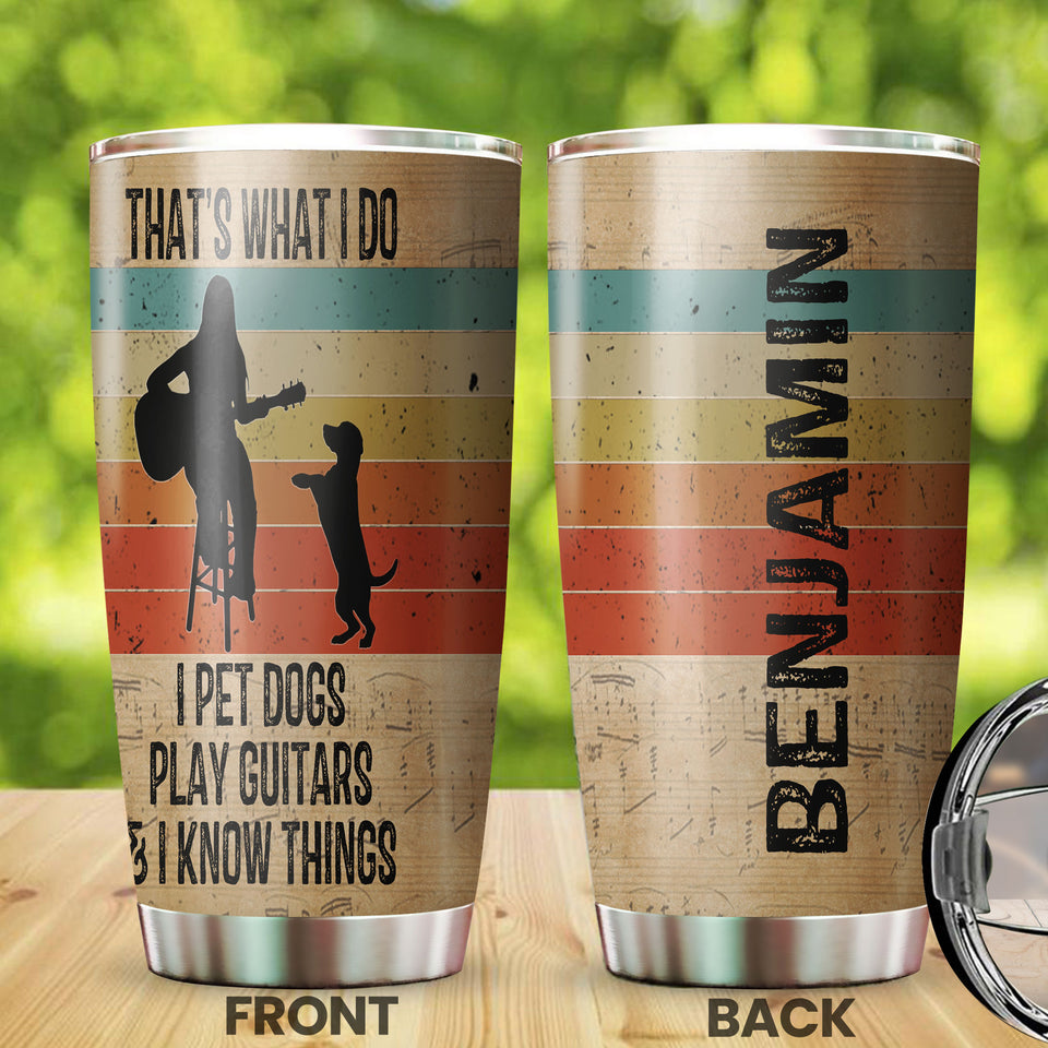 Camellia Personalized 3D Vintage Woman Pets Dogs Play Guitar And Know Things Stainless Steel Tumbler - Customized Double-Walled Insulation Therma Cup With Lid Gift For Guitarist