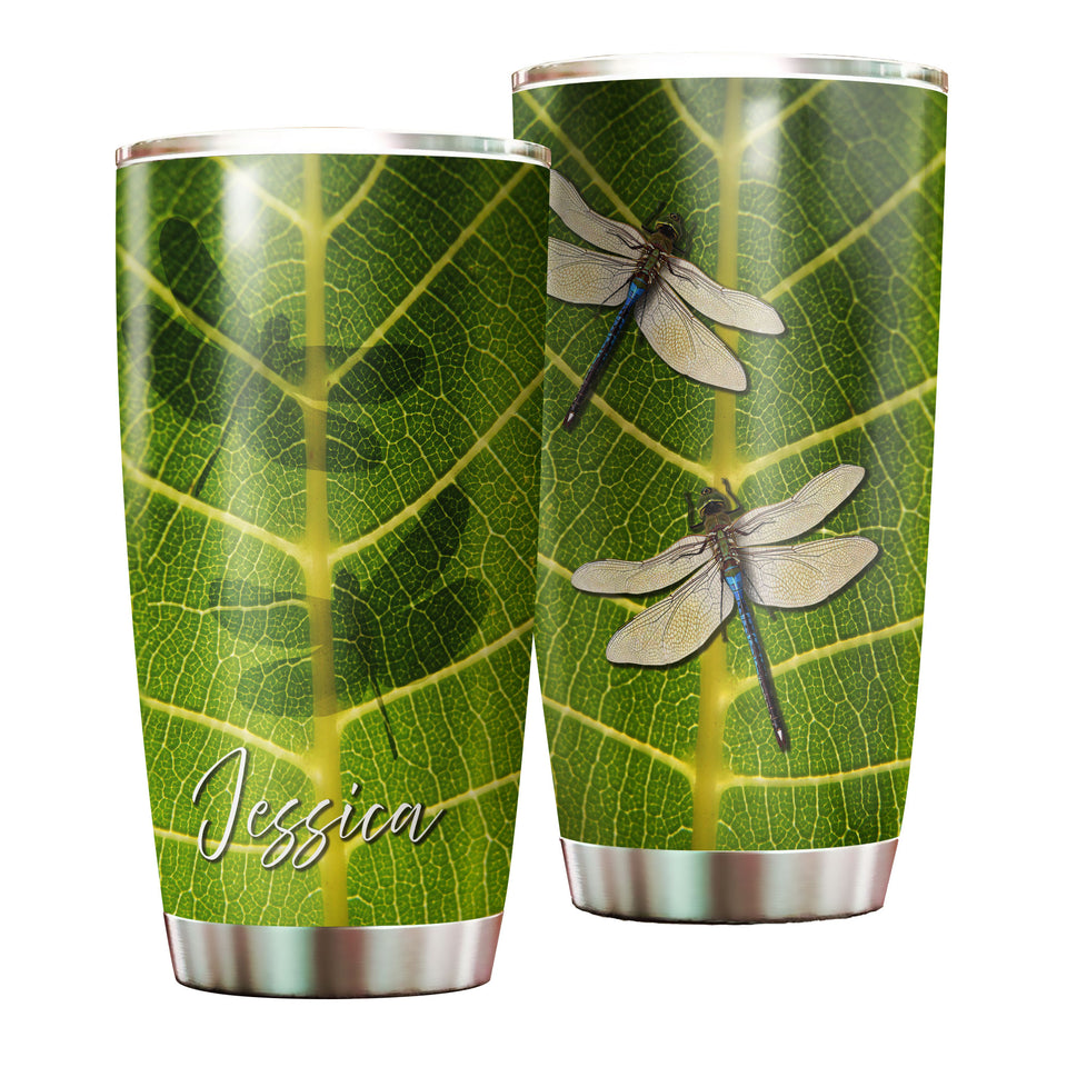 Camellia Personalized Dragonfly Animal Green Leaves Nature Stainless Steel Tumbler - Double-Walled Insulation Travel Thermal Cup With Lid Gift For Nature Dragonfly Lover