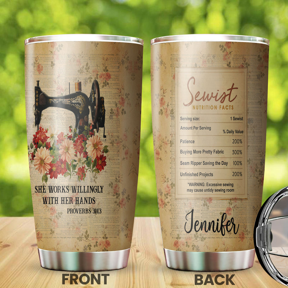 Personalized She Works Willingly Sewist Nutrition Facts Sewing - General Tumbler view #7