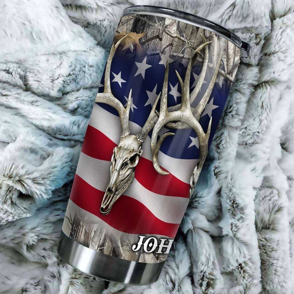 Camellia Personalized American Flag Deer Skull Hunting Stainless Steel Tumbler - Double-Walled Insulation Travel Thermal Cup With Lid Gift For 4th Of July Hunting Hunter