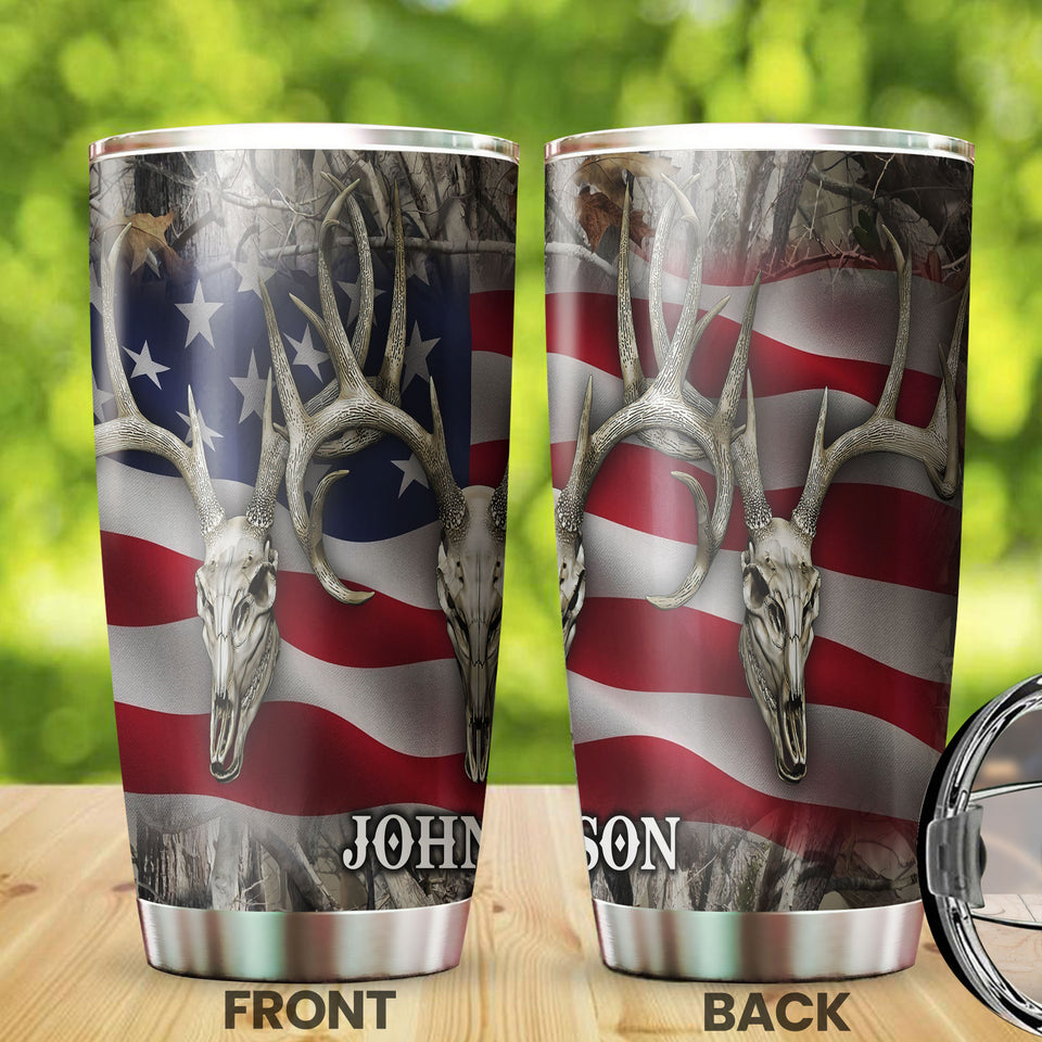 Camellia Personalized American Flag Deer Skull Hunting Stainless Steel Tumbler - Double-Walled Insulation Travel Thermal Cup With Lid Gift For 4th Of July Hunting Hunter