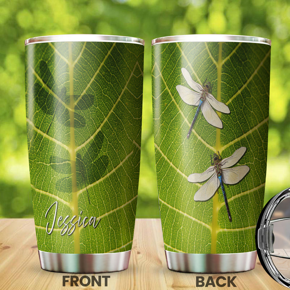 Camellia Personalized Dragonfly Animal Green Leaves Nature Stainless Steel Tumbler - Double-Walled Insulation Travel Thermal Cup With Lid Gift For Nature Dragonfly Lover