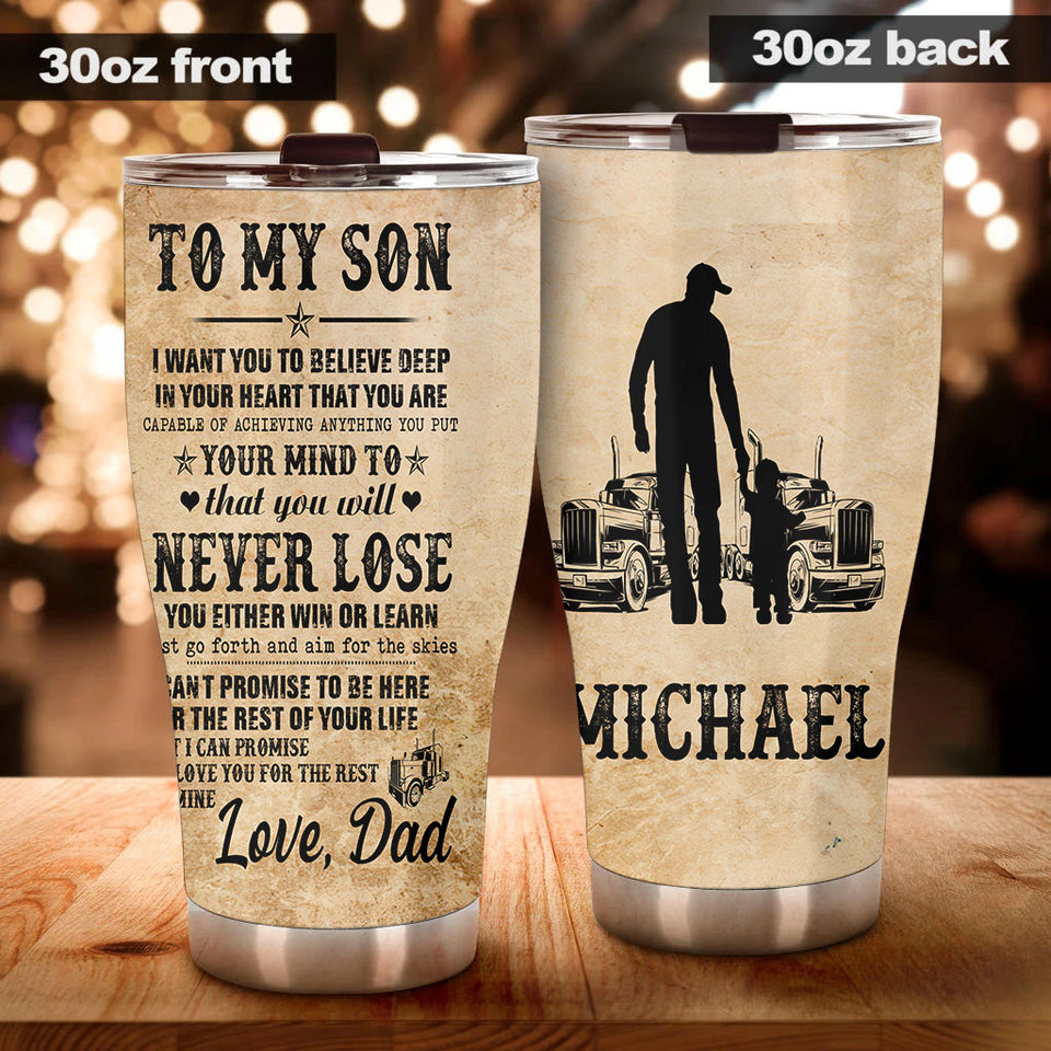 Camellia Personalized Trucker Vintage To My Son Loving Letters Stainless Steel Tumbler - Double-Walled Insulation Thermal Cup With Lid Dad Gift For Son Boys Birthday