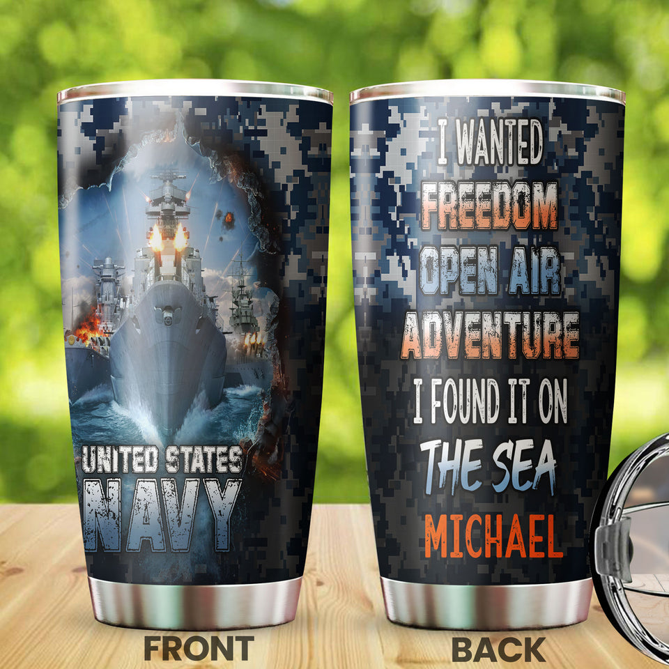 Camellia Personalized United States Navy Adventure On The Sea Stainless Steel Tumbler - Customized Double-Walled Insulation Travel Thermal Cup With Lid Gift For Soldier Veteran