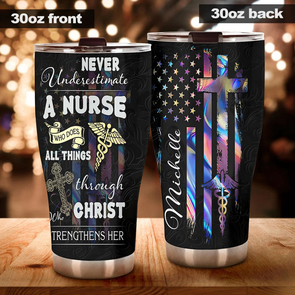Camellia Personalized Never Underestimate A Nurse Stainless Steel Tumbler - Customized Double-Walled Insulation Thermal Cup With Lid Gift For Nurse