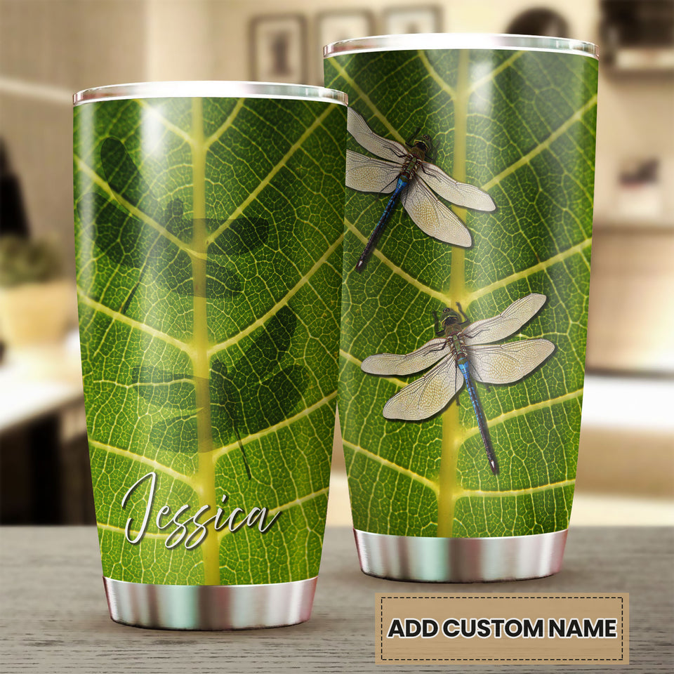 Camellia Personalized Dragonfly Animal Green Leaves Nature Stainless Steel Tumbler - Double-Walled Insulation Travel Thermal Cup With Lid Gift For Nature Dragonfly Lover