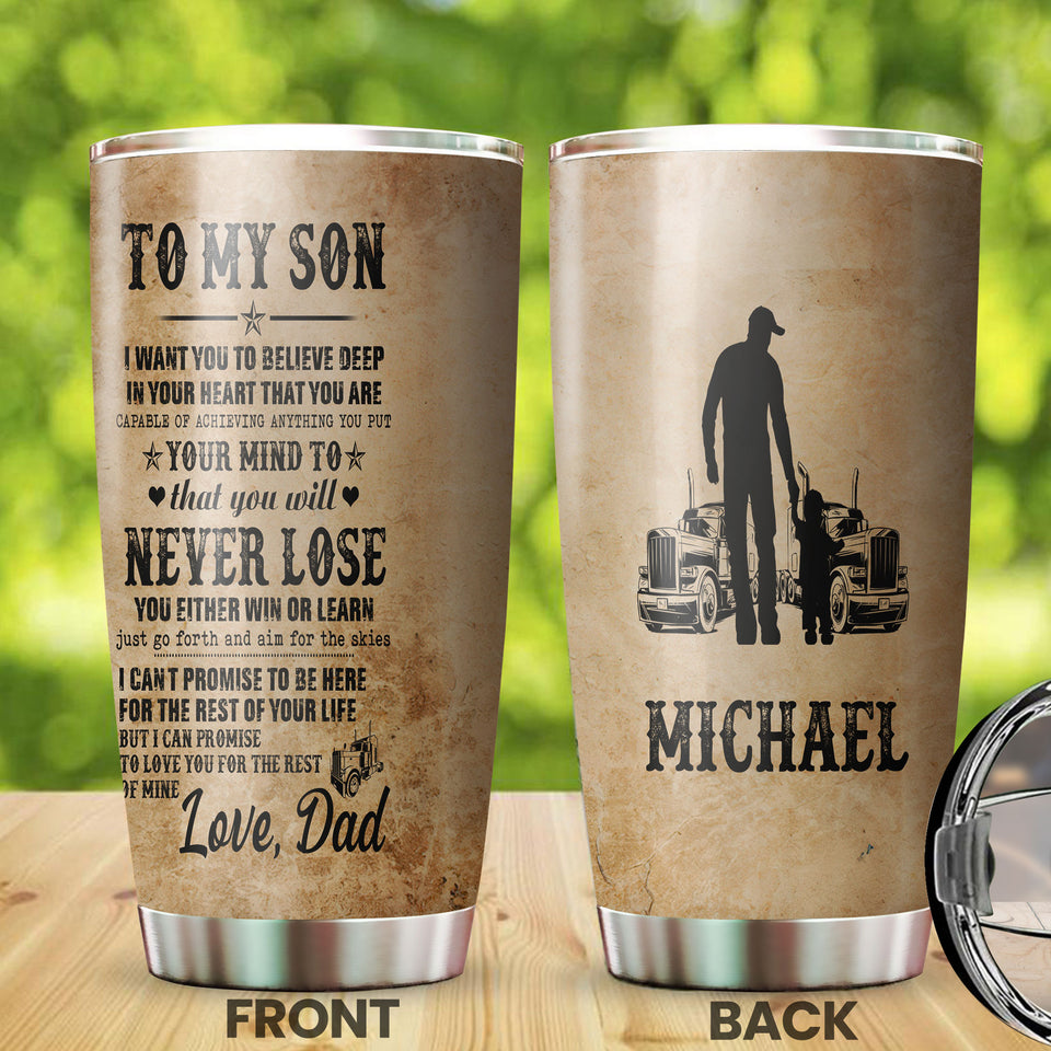 Camellia Personalized Trucker Vintage To My Son Loving Letters Stainless Steel Tumbler - Double-Walled Insulation Thermal Cup With Lid Dad Gift For Son Boys Birthday