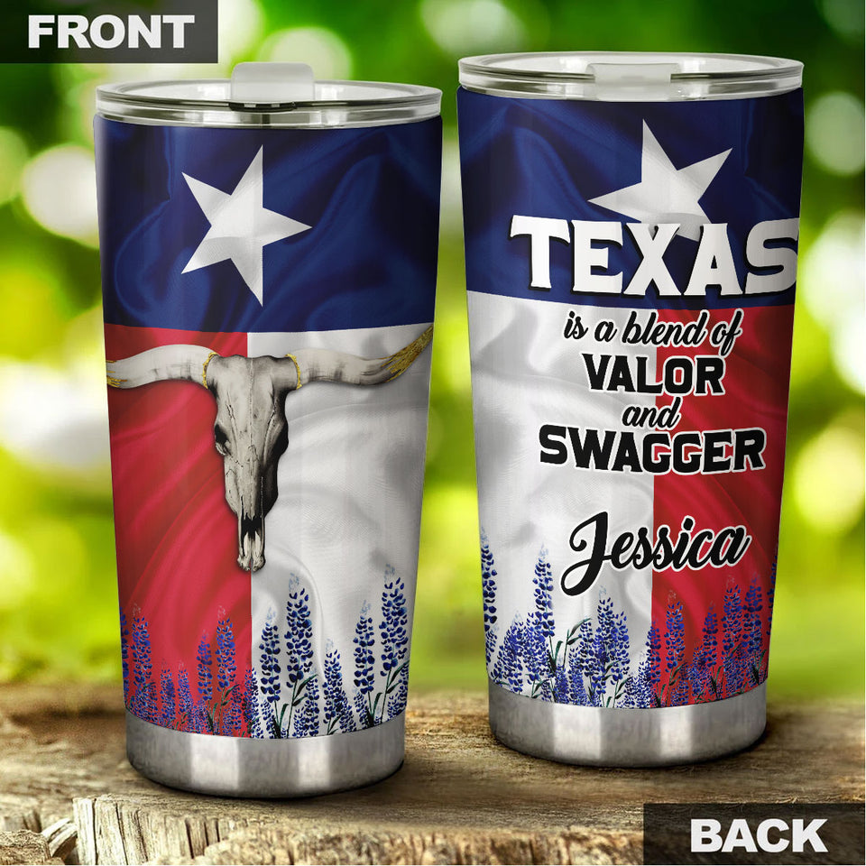 Camellia Personalized Bull Skull Texas Blend Of Valor And Swagger Stainless Steel Tumbler - Double-Walled Insulation Travel Thermal Cup With Lid Gift For Texas Cowboy American
