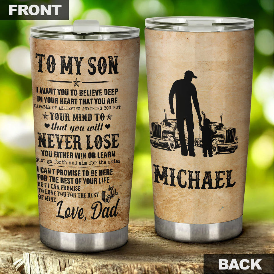 Camellia Personalized Trucker Vintage To My Son Loving Letters Stainless Steel Tumbler - Double-Walled Insulation Thermal Cup With Lid Dad Gift For Son Boys Birthday