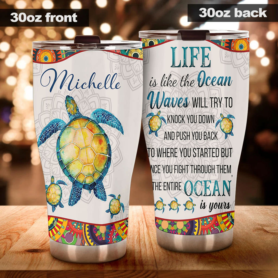 Camellia Personalized Turtle Life Is Like The Ocean Motivational Quote Stainless Steel Tumbler - Double-Walled Insulation Travel Thermal Cup With Lid