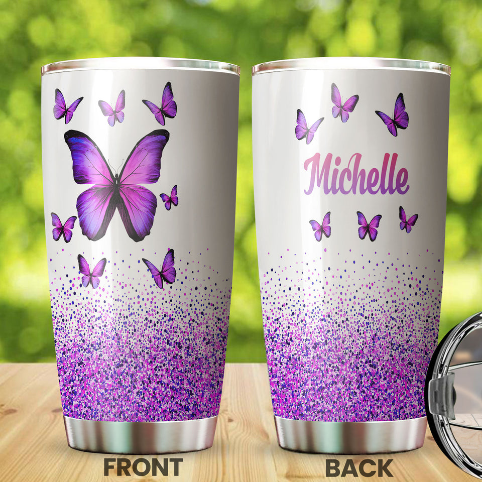 Camellia Personalized Violet Butterfly Graphics Stainless Steel Tumbler - Double-Walled Insulation Thermal Cup With Lid Gift For Memorial Day