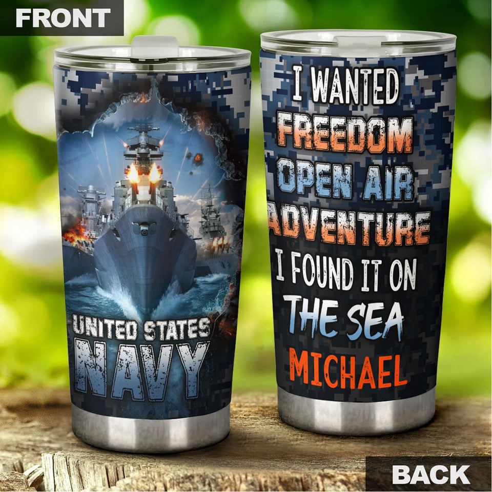 Camellia Personalized United States Navy Adventure On The Sea Stainless Steel Tumbler - Customized Double-Walled Insulation Travel Thermal Cup With Lid Gift For Soldier Veteran