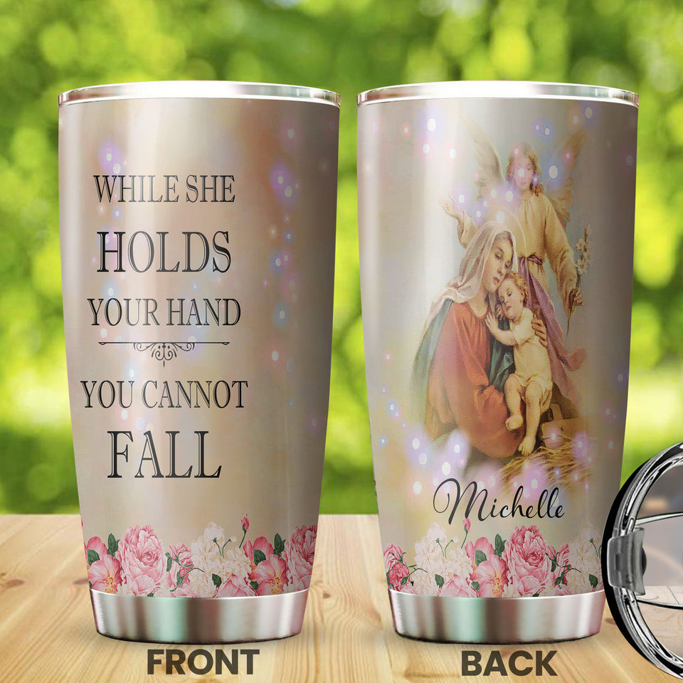Camellia Personalized While She Holds Your Hand Cannot Fall Stainless Steel Tumbler - Double-Walled Insulation Thermal Cup With Lid For Faith Believer