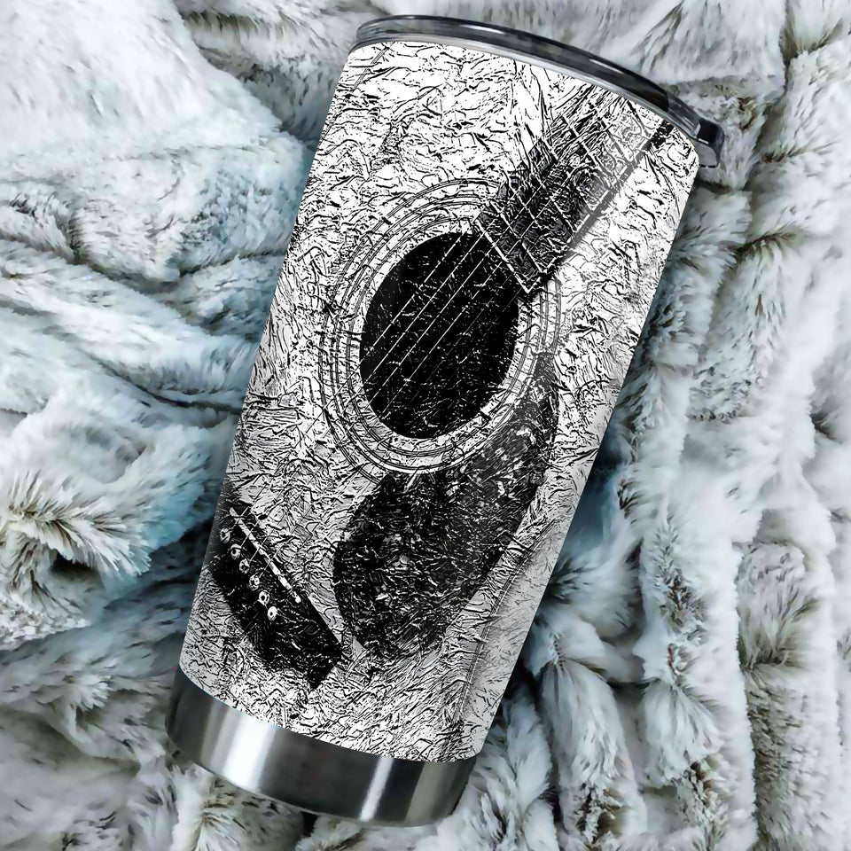 Camellia Personalized Guitar Silver Vintage Graphics Stainless Steel Tumbler - Double-Walled Insulation Thermal Cup With Lid Gift For Guitarist Bass Player