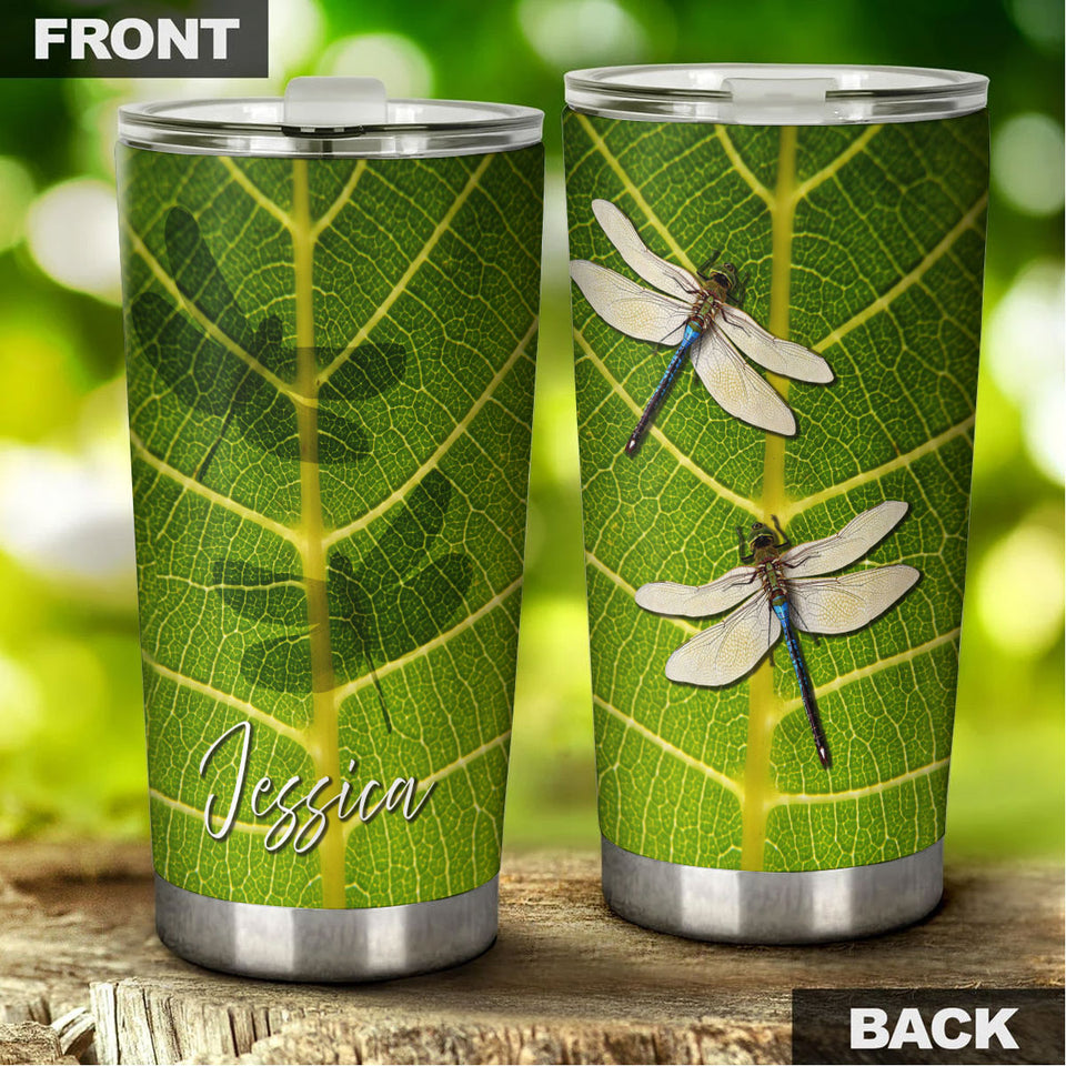 Camellia Personalized Dragonfly Animal Green Leaves Nature Stainless Steel Tumbler - Double-Walled Insulation Travel Thermal Cup With Lid Gift For Nature Dragonfly Lover