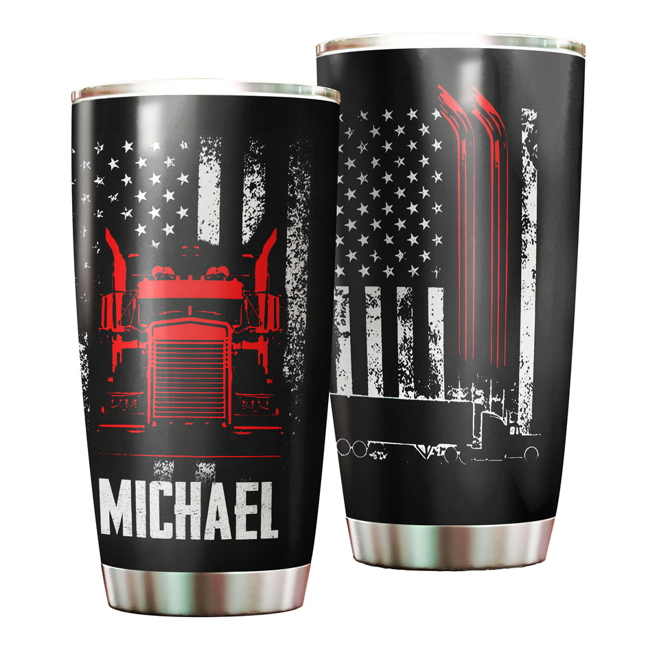 Camellia Personalized American Trucker US Flag Vintage Distressed Graphics Stainless Steel Tumbler - Double-Walled Insulation Travel Thermal Cup With Lid Gift For Trucker