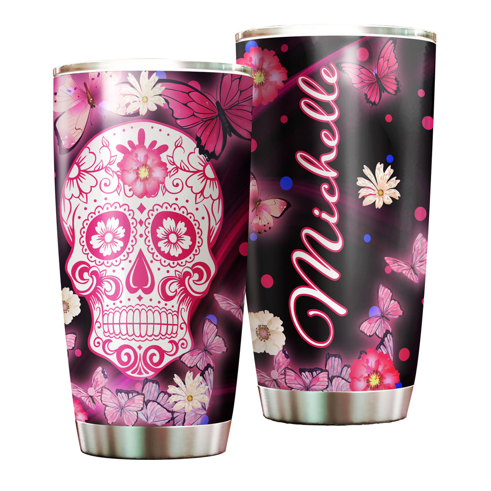 Camellia Personalized 3D Henna Hippie Pink Skull And Butterfly Stainless Steel Tumbler - Double-Walled Insulation Travel Thermal Cup With Lid Gift For Hipster
