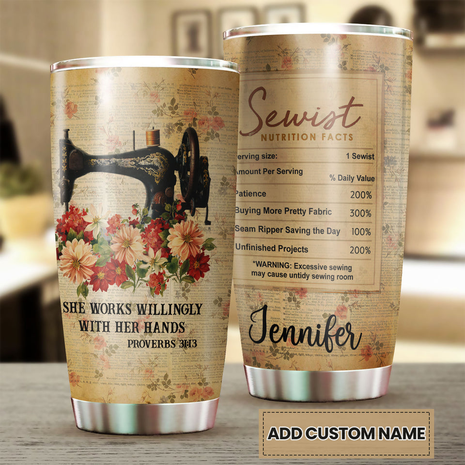 Personalized She Works Willingly Sewist Nutrition Facts Sewing - double-wall vacuum insulated coffee travel tumbler detail