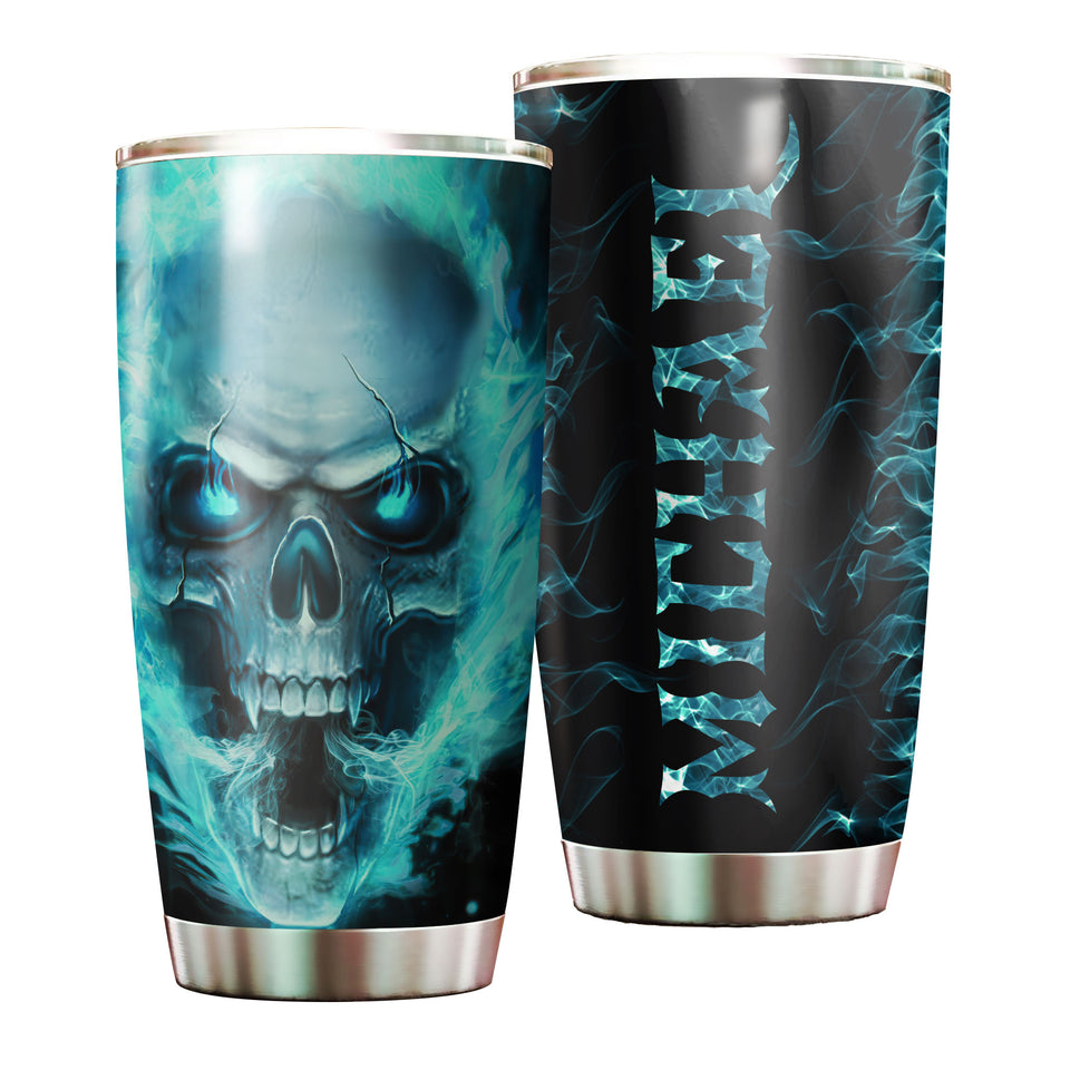 Camellia Personalized Blue Fire Skull Graphics Stainless Steel Tumbler - Double-Walled Insulation Travel Thermal Cup With Lid Gift For Biker Men Trucker Skull Lover