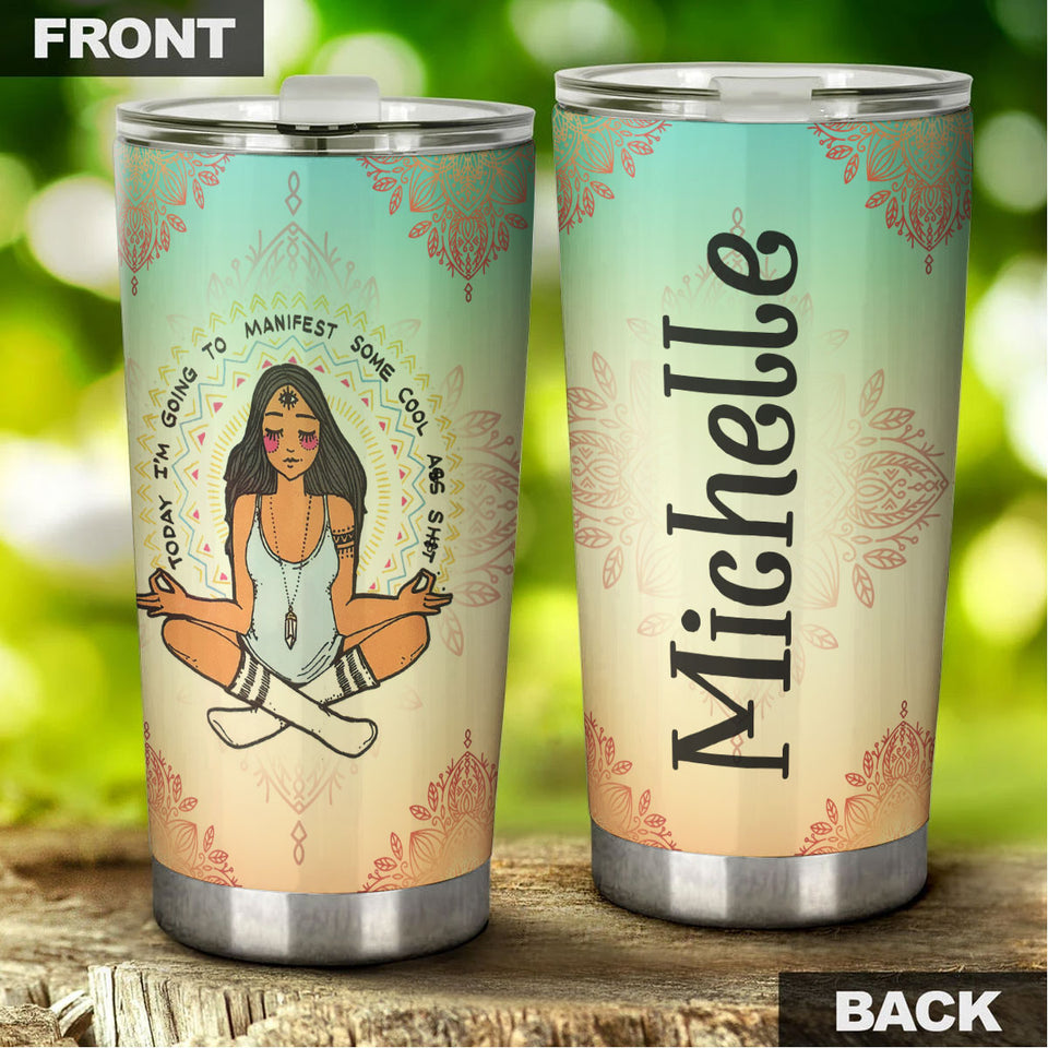 Camellia Personalized Zen Meditation Namaste Girls Stainless Steel Tumbler - Double-Walled Insulation Thermal Cup With Lid Gift For Daughter Wife