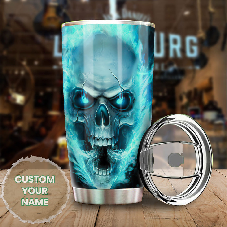 Camellia Personalized Blue Fire Skull Graphics Stainless Steel Tumbler - Double-Walled Insulation Travel Thermal Cup With Lid Gift For Biker Men Trucker Skull Lover