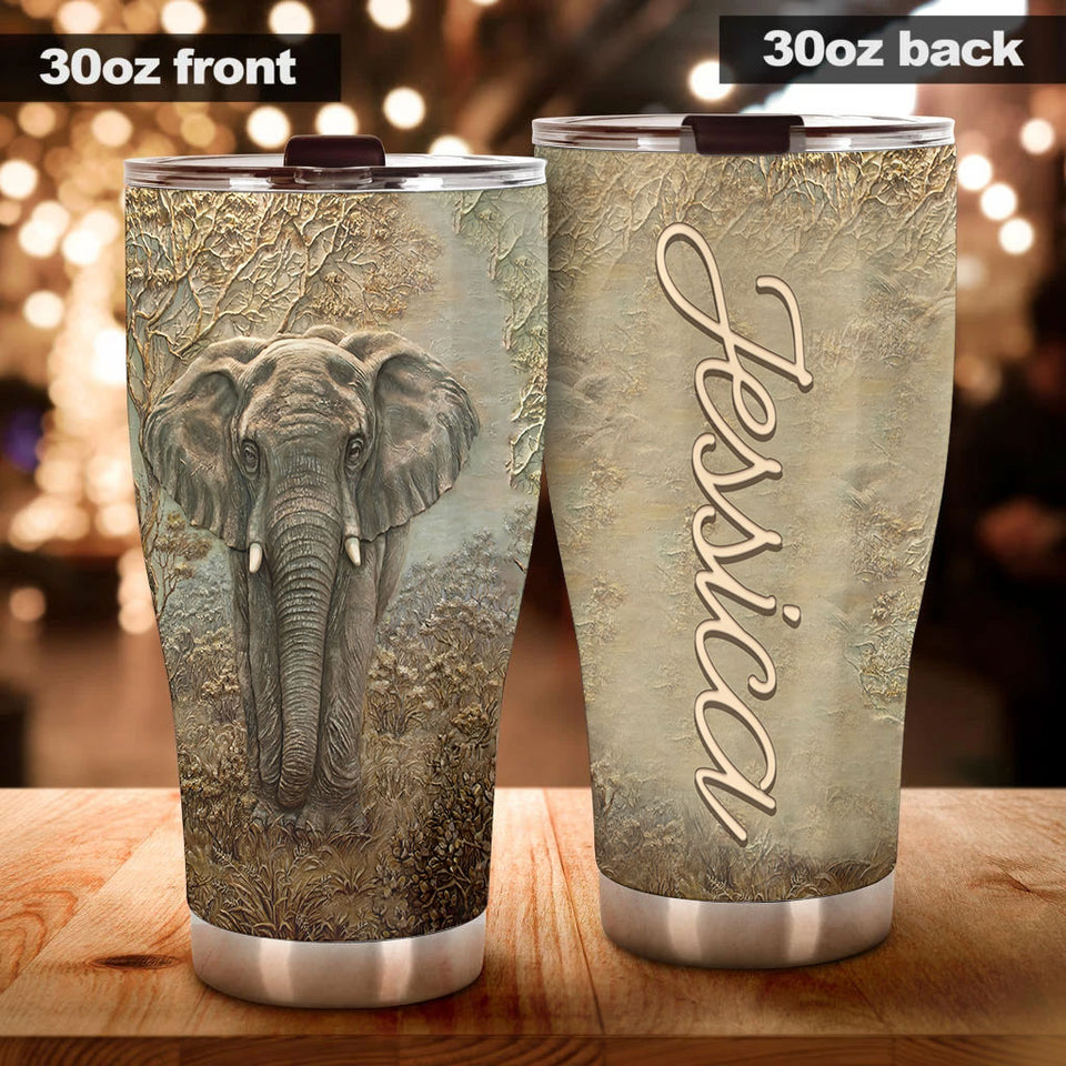 Camellia Personalized Elephant Nature Graphics Stainless Steel Tumbler - Double-Walled Insulation Travel Thermal Cup With Lid Gift For Elephant Animal Lover