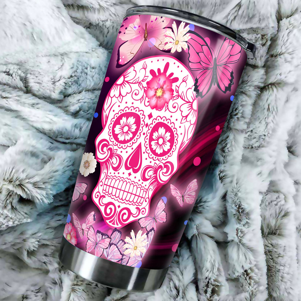 Camellia Personalized 3D Henna Hippie Pink Skull And Butterfly Stainless Steel Tumbler - Double-Walled Insulation Travel Thermal Cup With Lid Gift For Hipster
