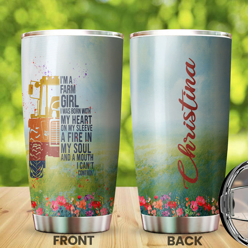 Camellia Personalized Colorful Tractor Farm Girl Farming Stainless Steel Tumbler - Double-Walled Insulation Travel Thermal Cup With Lid Gift For Farmer Tractor Lover