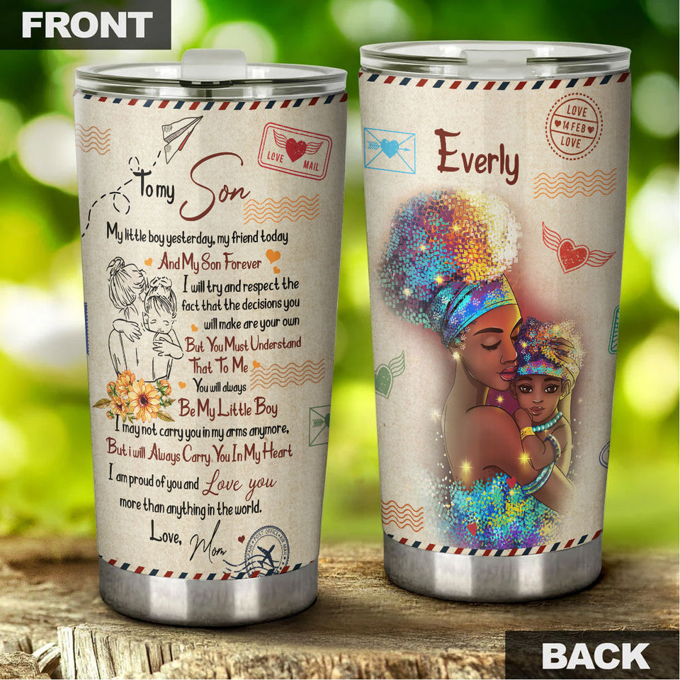 Camellia Personalized Afro Women To My Son Loving Letters Stainless Steel Tumbler - Double-Walled Insulation Travel Thermal Cup With Lid Mom Gift For Son Boy
