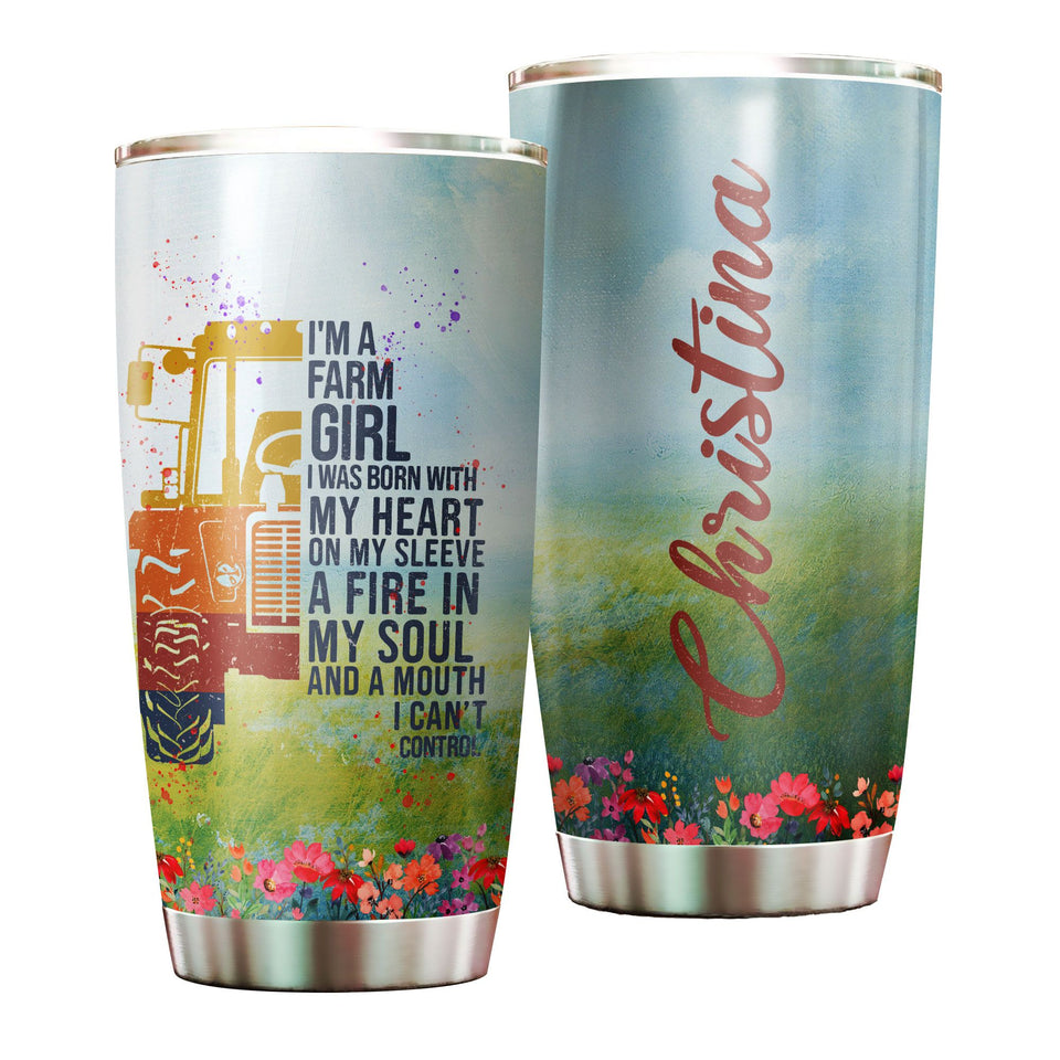 Camellia Personalized Colorful Tractor Farm Girl Farming Stainless Steel Tumbler - Double-Walled Insulation Travel Thermal Cup With Lid Gift For Farmer Tractor Lover