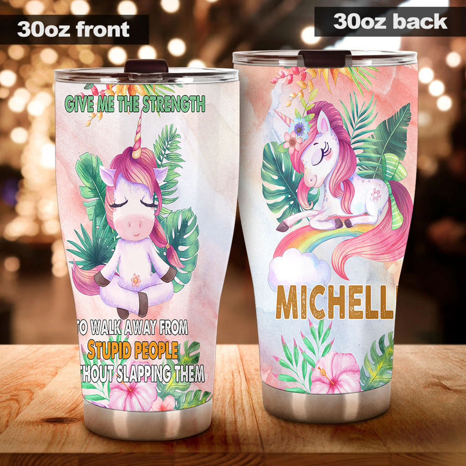 Camellia Personalized Unicorn Zen Meditation Give Me Strength Stainless Steel Tumbler - Double-Walled Insulation Thermal Cup With Lid Gift For Unicorn Lover Girls