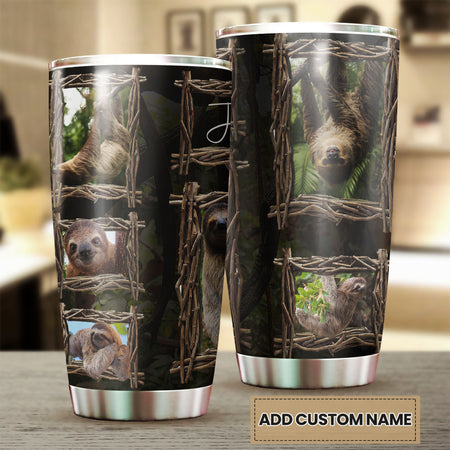 Camellia Personalized Jungle Wood Cute Sloths Graphic Stainless Steel Tumbler - Double-Walled Insulation Travel Thermal Cup With Lid Gift For Animal Lover Zoo Keeper