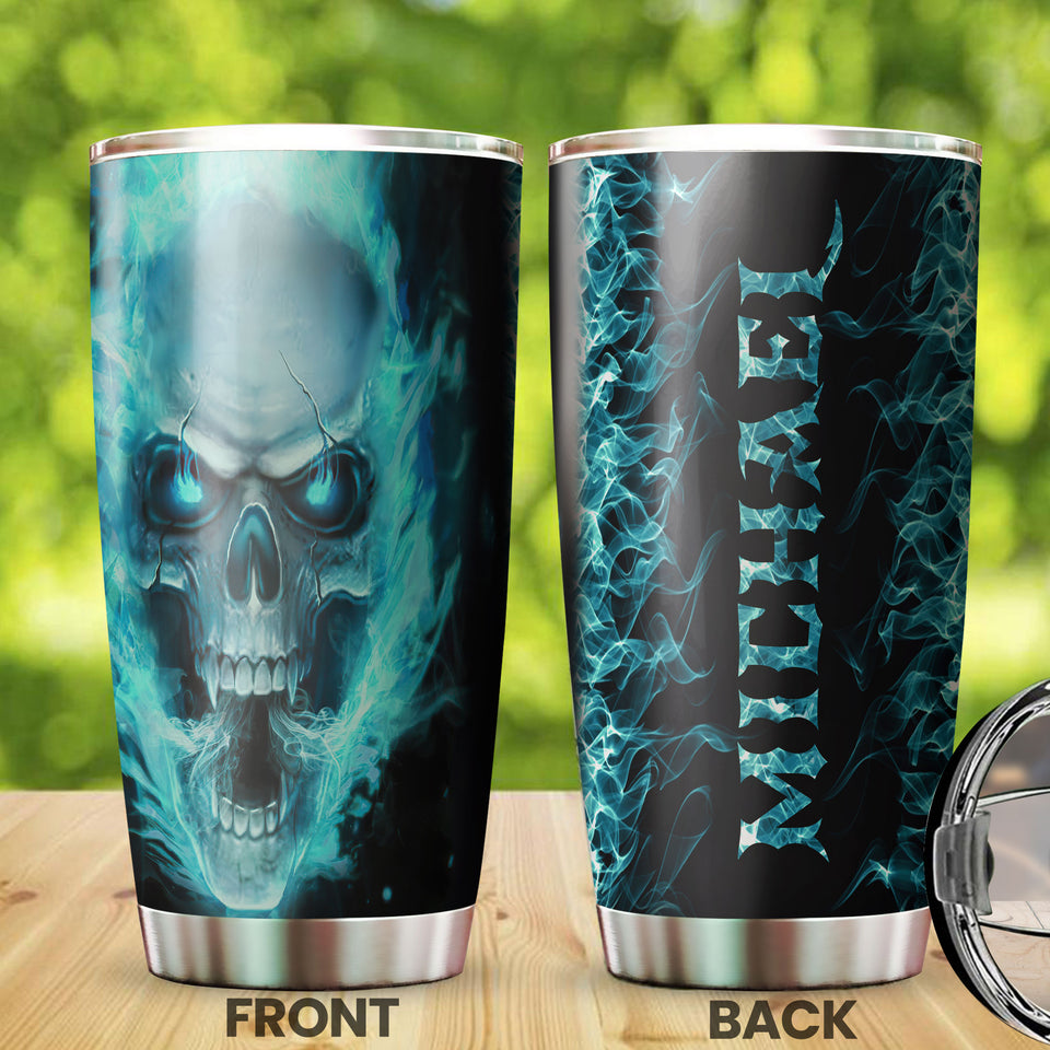 Camellia Personalized Blue Fire Skull Graphics Stainless Steel Tumbler - Double-Walled Insulation Travel Thermal Cup With Lid Gift For Biker Men Trucker Skull Lover