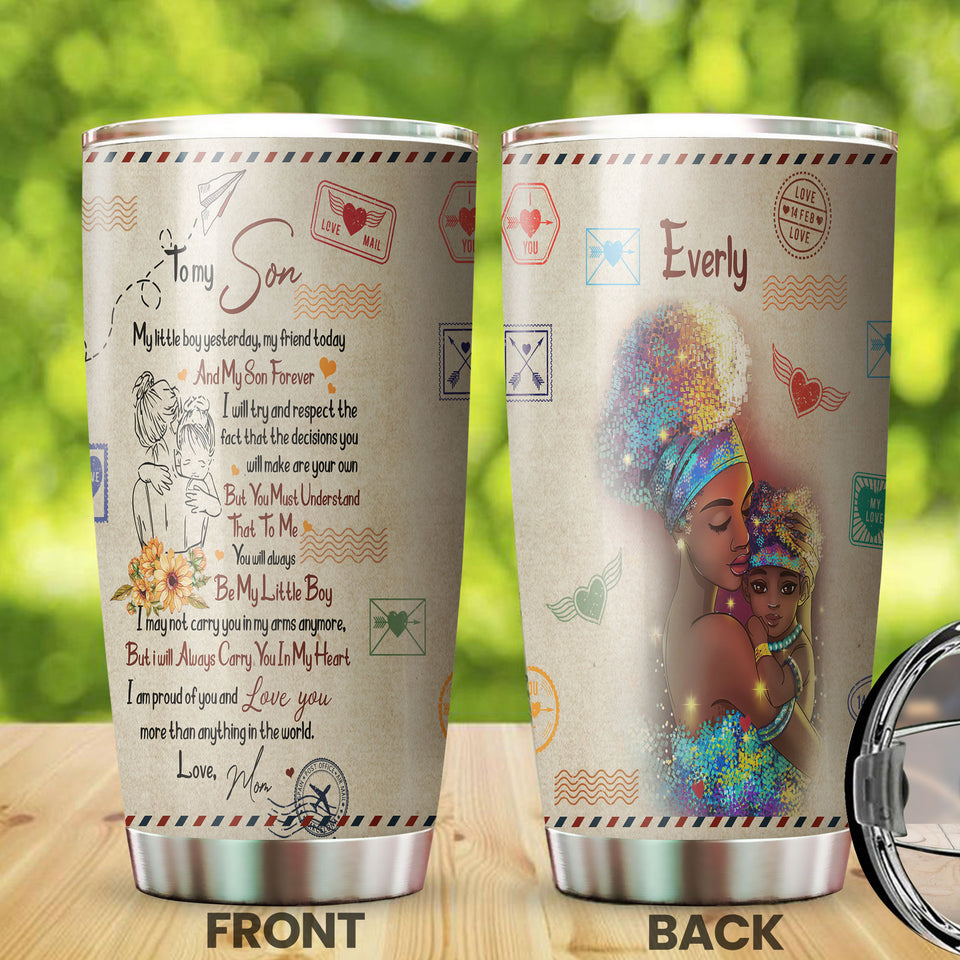 Camellia Personalized Afro Women To My Son Loving Letters Stainless Steel Tumbler - Double-Walled Insulation Travel Thermal Cup With Lid Mom Gift For Son Boy